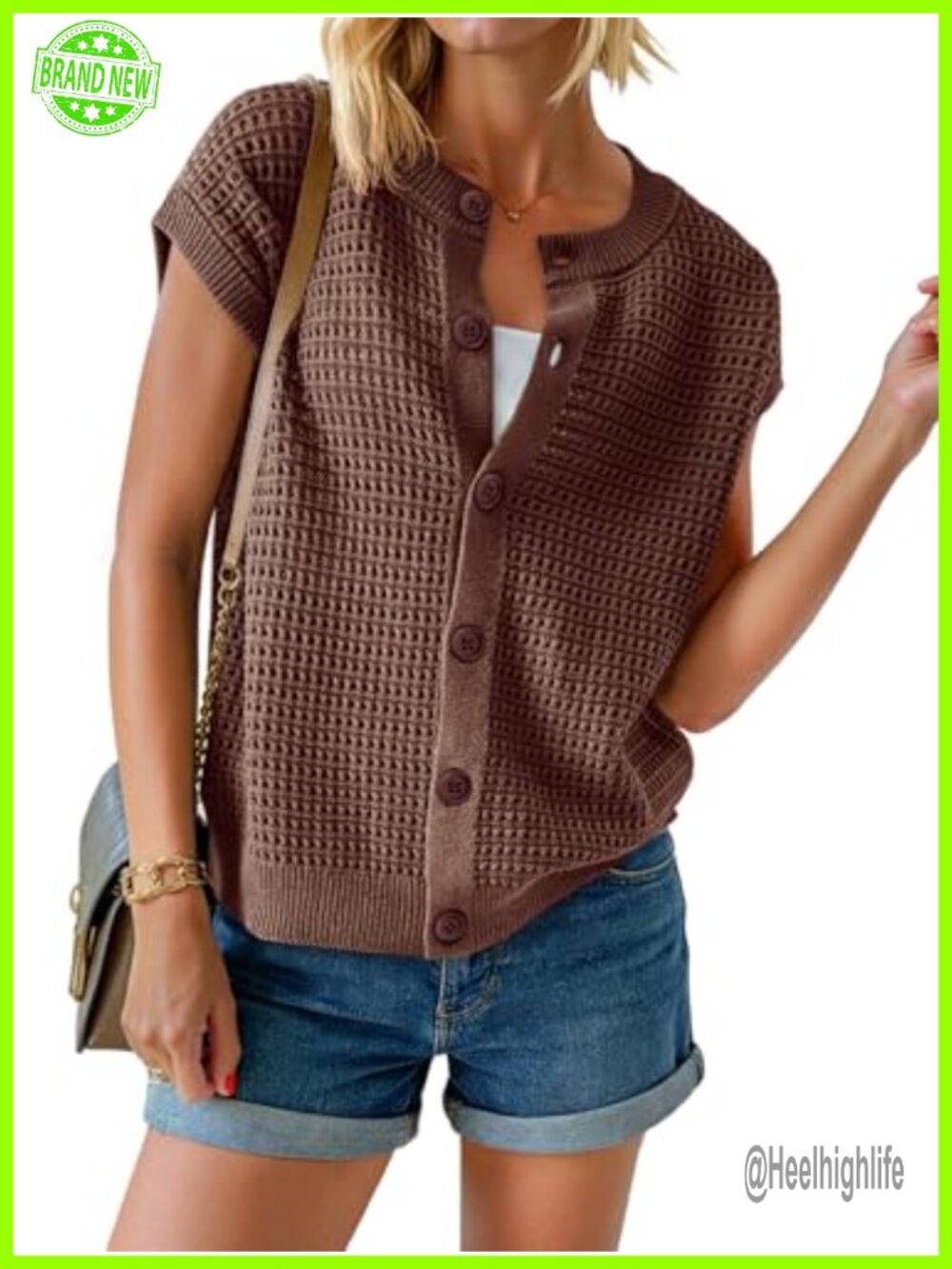 Crochet Button Down Cap Sleeve Sweater Vest Knit Cardigan Top